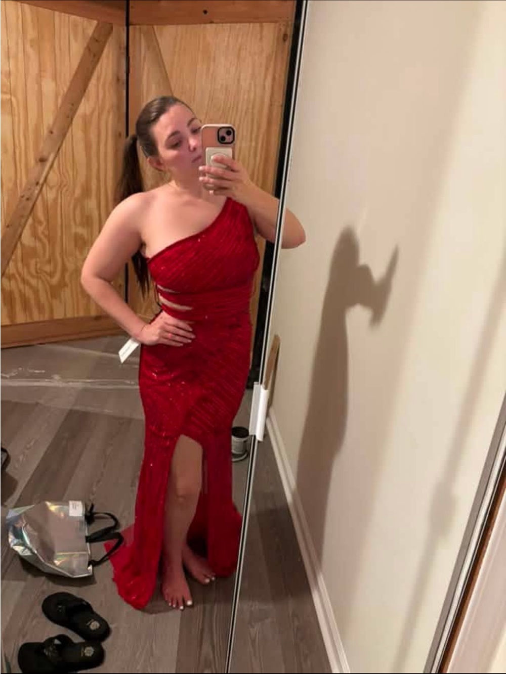 Red One-Shoulder Sequin Evening Gown